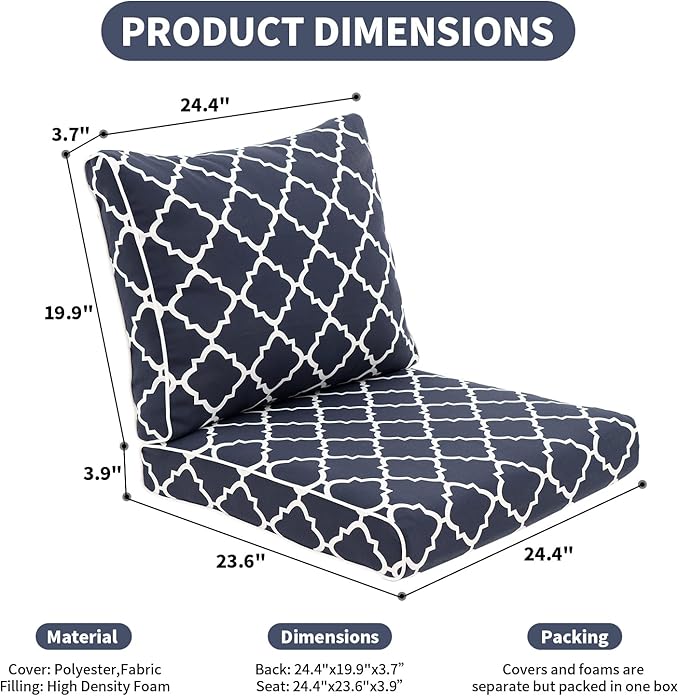 Outdoor Cushion Set for Patio Furniture Deep Seat Chair Cushions Weather Resistant Sofa Chair Pad, 24.4x23.6 Inch, Blue Diamond