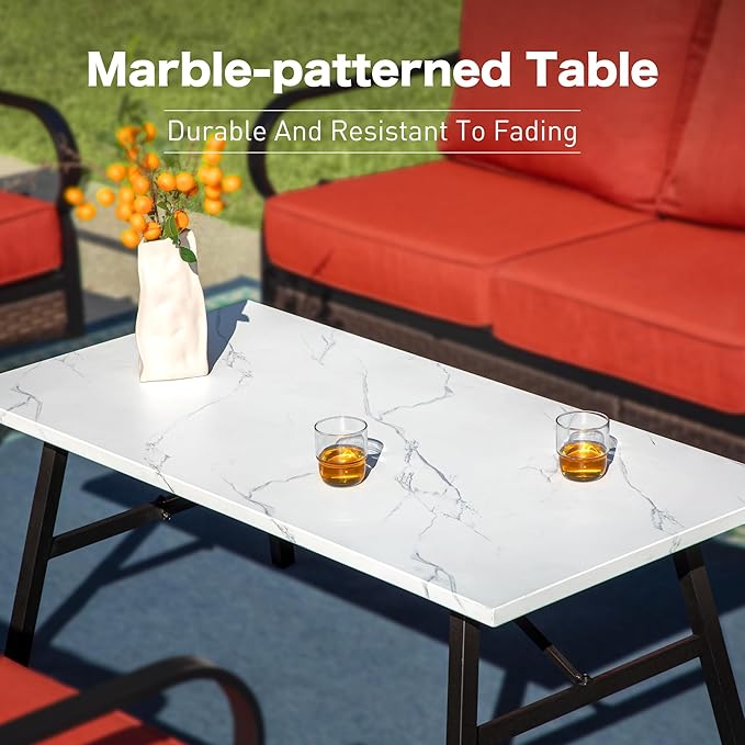 5 Piece Metal Outdoor Patio Furniture Set, Patio Conversation Setsv with 3-Seater Sofa, Loveseat, 2 Fixed Sofa (5.75" Thick Cushion) & Coffee Table Black Backyard Furniture, Rust Red