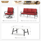 Sophia & William Patio Furniture Sets 5 Seats Outdoor Metal Conversation Sets 4 Pcs with 2 x Cushioned Swivel Sofa Chairs,1 x 3-Seat Sofa, 1x Marbling Metal Coffee Table Lawn Backyard Poolside Red