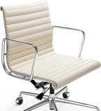 Mid Back Genuine Leather Ribbed Office Chair-Ergonomic Desk Chair with Aluminum Alloy Armrest & Frame, Swivel Silent Wheels & Tilt Function, Adjustable Height