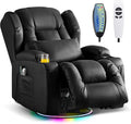 Power Swivel Rocker Recliner Chairs, Electric Wall Hugger Reclining Sofa with Massage & Heat, Comfy Theater Seating Single Chair with LED Light/USB/Type-C Ports (Leather Black, Single Chair)