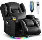 Power Swivel Rocker Recliner Chairs, Electric Wall Hugger Reclining Sofa with Massage & Heat, Comfy Theater Seating Single Chair with LED Light/USB/Type-C Ports (Leather Black, Single Chair)