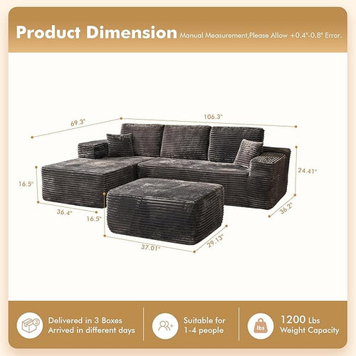 106" Cloud Sectional Couch with L-Shape Chaise & Ottoman, No Assembly Modular Sofa, Deep Seat Plush Corduroy Boneless Couched for Living Room (Gray Plush Corduroy, Left Facing Chaise with Ottoman)