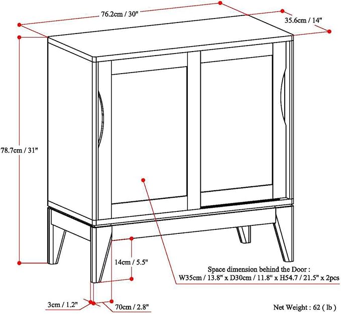 SIMPLIHOME Harper SOLID WOOD 30 inch Wide Mid Century Modern Low Storage Cabinet in Walnut Brown, with Large Space Behind 2 Sliding Notched Handle Doors with 2 Adjustable Shelves