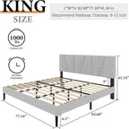 King Size Platform Bed Frame with Upholstered Headboard, Wooden Slats Support, Noise Free, No Box Spring Needed, Easy Assembly, Light Grey, Linen