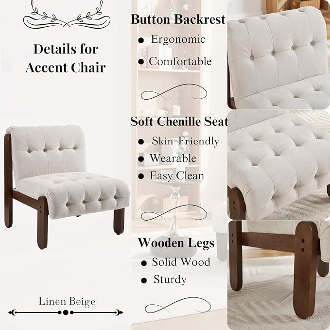 HEAH-YO Accent Chair Set of 2,Modern Vintage Living Room Chair for Bedroom with Button Tufted Back and Wood Legs,Upholstered Comfy Reading Chair for Makeup Vanity Cafe,Chenille Beige