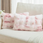 FUTEI Pink White Decorative Throw Pillow Covers 12x20 Inch Set of 2,Soft Fuzzy Faux Rabbit Fur Pillow Case with Raised Texture,Neutral Boho Home Decor for Couch Bed Living Room