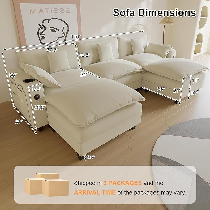 Cloud Couch, Modular Sectional Sofa with Ottoman, Charging Station, Throw Pillows, Cup Holders, Modern Convertible L Shaped Couches for Living Room, Bedroom (White, 116"- U Shape)