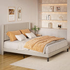 Gizoon King Bed Frame with Wingback Headboard, Upholstered Platform Bed with Modern Geometric Headboard, Wooden Slats, Noise-Free, No Box Spring Needed
