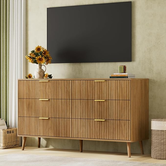 LYNSOM Fluted Dresser and Nightstand Sets 2 Piece, 2-Drawer Nightstands and 6-Drawers Dresser, Wood Bedroom Furniture Set for Home, Bedroom, Hallway, Natural Oak