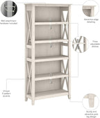 Bush Furniture Tall 5 Shelf Bookcase for Living Room or Home Office, Large Bookshelf, Modern Farmhouse Style, Key West Collection, Linen White Oak
