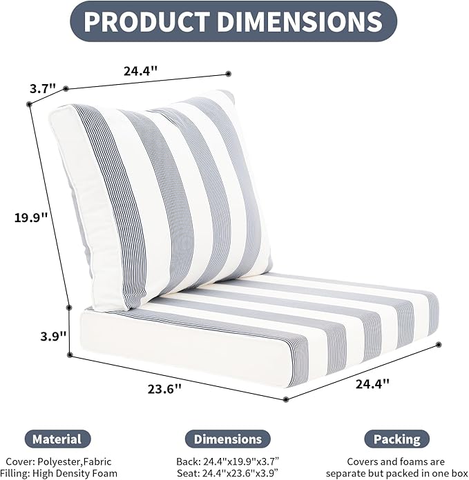 Outdoor Cushion Set for Patio Furniture Deep Seat Chair Cushions Weather Resistant Sofa Chair Pad, 24.4x23.6 Inch, Blue Stripe