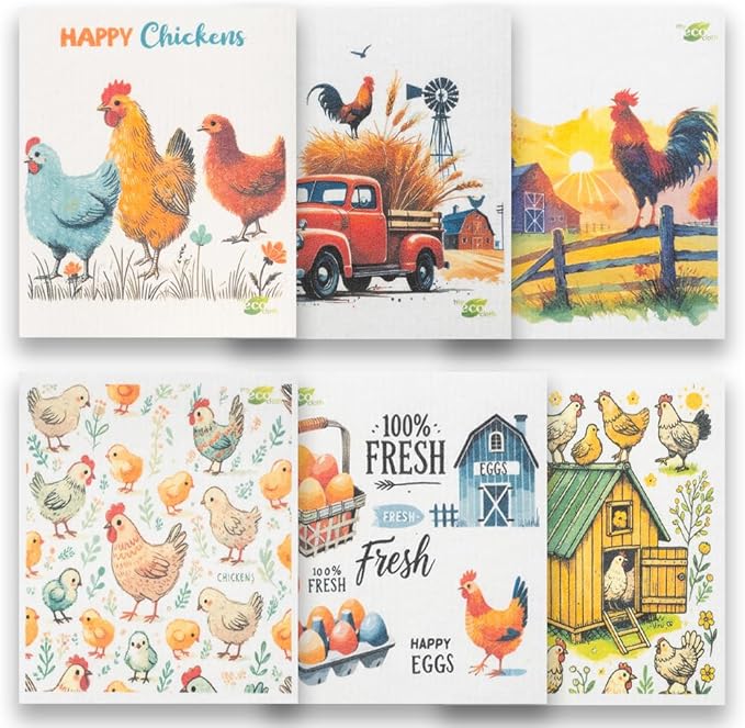 SWEDEdishcloths - Cellulose Sponge Dish Towels - Mixed Set of 6 (One of Each Design) Chickens Swedish Dish Cloths