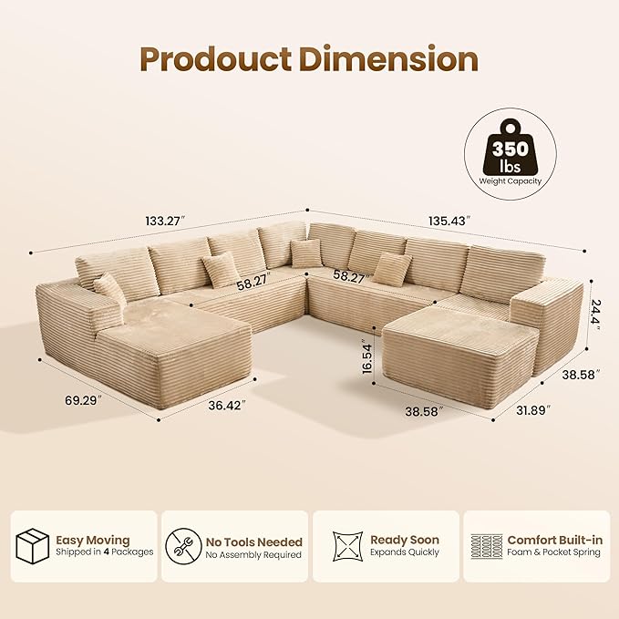 Cloud Sectional Couch with Chaise, Boneless U-Shaped Cloud Couch with Deep Seat, Soft Plush Modern Minimalist Sofa, Assembly Free Modular Floor Sofa for Office Living Room Apartment, Beige