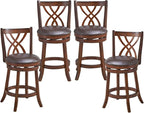 COSTWAY Bar Stools Set of 4, 360° Swivel Chairs with Rubber Wood Frame, 26 in PU Leather Cushioned Seat and Footrests, for Kitchen Island, Dining Room, Bar (Brown-26 inches, 4 stools)