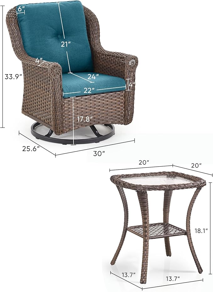 3 Piece Patio Swivel Chairs and Side Table Set - High Back Outdoor Brown Wicker Rattan Rocking Glider with Thick Cushions for Porch Apartment Deck Yard Poolside Garden - Peacock Blue