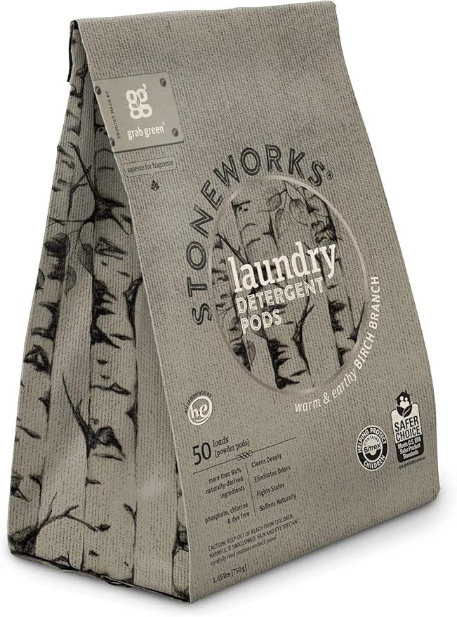 Grab Green Stoneworks Laundry Detergent Pods, 100 Count, Birch Branch Scent, Plant and Mineral Based, Cleans Deeply, Eliminates Odors, Fights Stains,