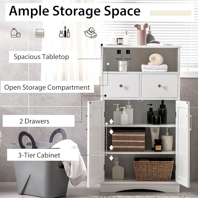 Giantex Bathroom Floor Storage Cabinet - Freestanding Storage Cabinet with 2 Doors, 2 Drawers, 2 Adjustable Shelves, Storage Organizer for Living Room, Bathroom, Kitchen, Hallway Cabinets (White)