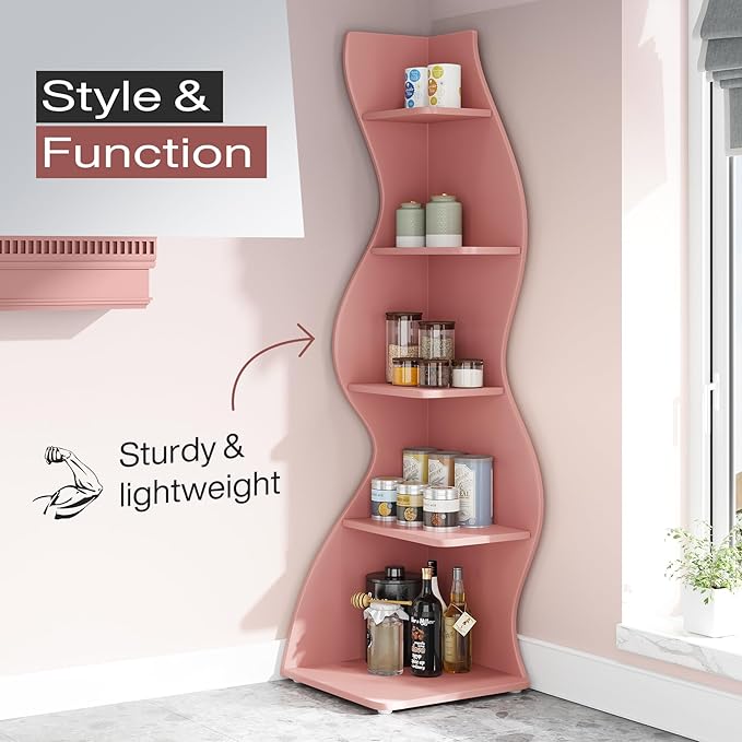 Tribesigns Corner Shelf, Modern 5-Tier Wall Corner Bookshelf, Stylish Corner Small Bookcase Storage Rack Plant Stand with Unique Shape for Living Room, Home Office (Pink, 1PC)