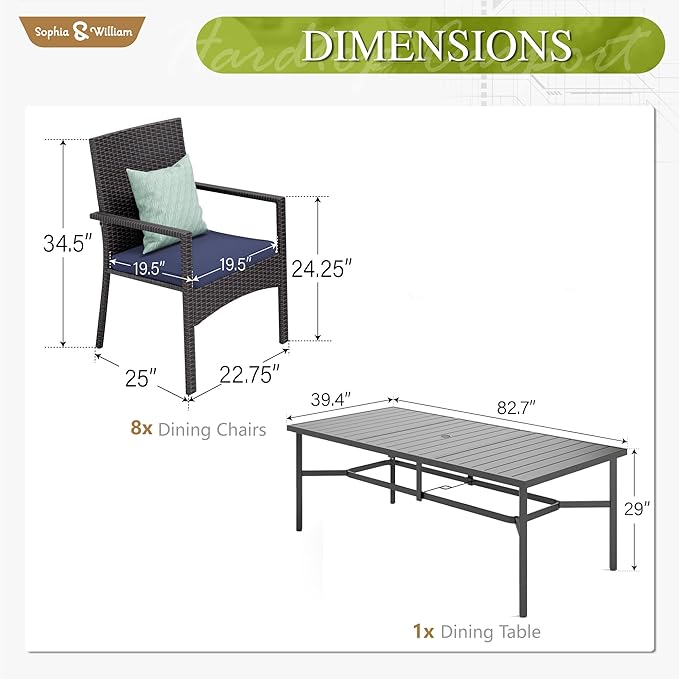 Sophia & William 9 Pieces Patio Dining Set for 8, Outdoor Patio Table and Rattan Chairs Set, 83" L Extra Large Rectangular Table, 1.75" Umbrella Hole, Beige Removable Seat Cushions