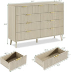 LYNSOM Fluted 9 Drawer Dresser for Bedroom, 55" Wide Modern Chest of Drawers with Curved Profile Design and Metal Handles, Wood Dresser TV Stand & Storage Organizer for Bedroom, Hallway, Beige