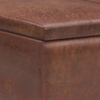 SIMPLIHOME Owen 34 inch Wide Mid Century Modern Rectangle Tray Top Small Coffee Table Storage Ottoman in Distressed Saddle Brown Vegan Faux Leather, Assembled, For the Living Room and Entryway