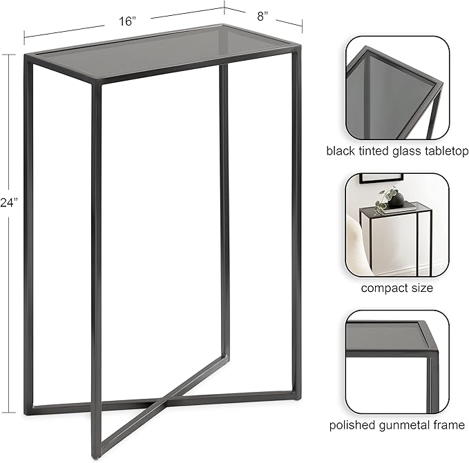 Kate and Laurel Jaspur Modern Narrow End Table, 16 x 8 x 24, Tinted Glass and Gray Metal, Decorative Contemporary Glass and Metal Side Table for Use as Bedroom Nightstand or Living Room Accent