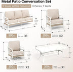 6 Piece Metal Outdoor Patio Furniture Set, Patio Conversation Set 1 3-Seater Sofa, 2 Fixed Sofa, 2 Swivel Chair with 5.75" Thick Cushion & Coffee Table White Backyard Furniture, Beige
