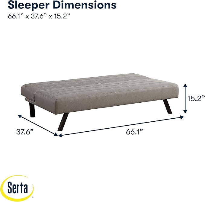 Serta® Damien 66.1" Convertible Futon Sofa, Dreamcoil® Comfort, FingerGuard® Pinch Point Protection, Woven Polyester Fabric, Taupe