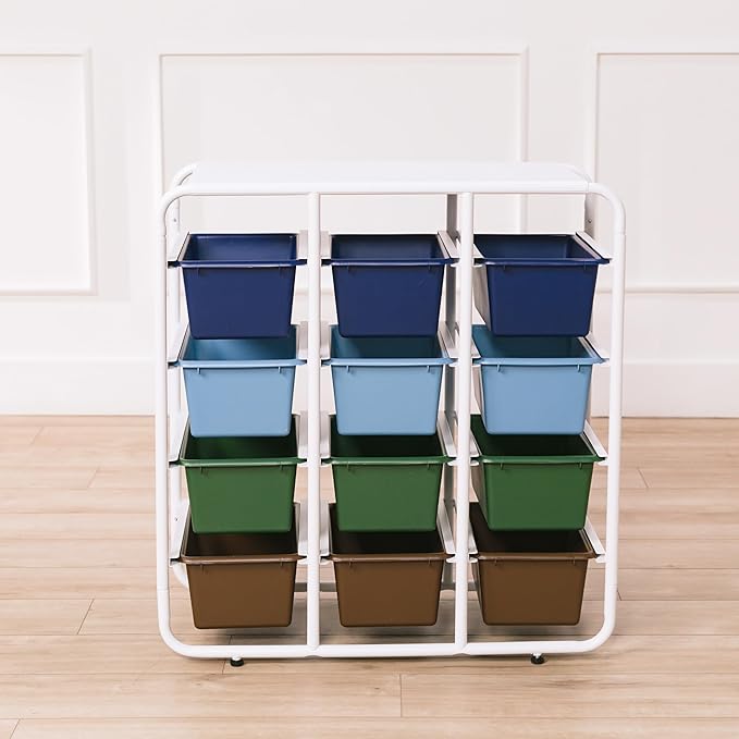 ECR4Kids 4-Tier Storage Rack with 12 Cubby Bins 4x3, Multipurpose Organization, Earthtone