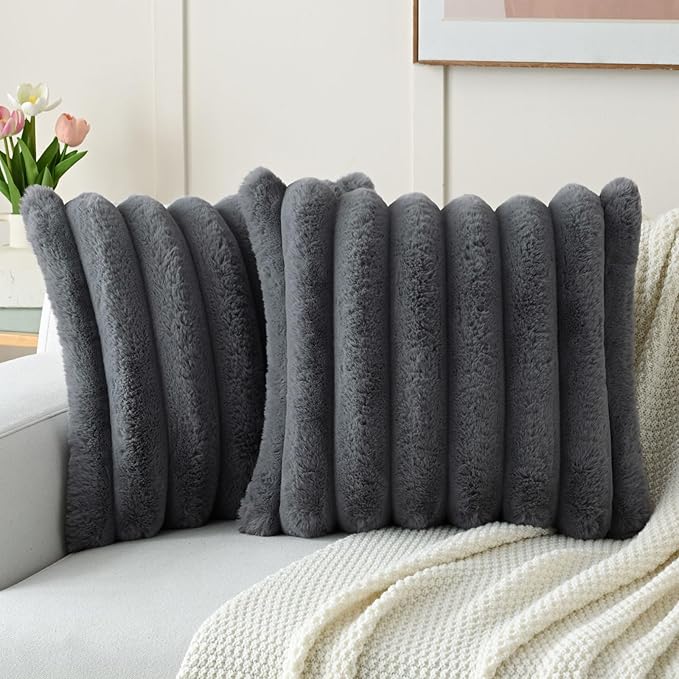 FUTEI Dark Grey Decorative Throw Pillow Covers 24x24 Inch Set of 2, Square Soft Faux Rabbit Fur Big Striped Pillow Sham,Home Decor for Couch Sofa Bed Living Room