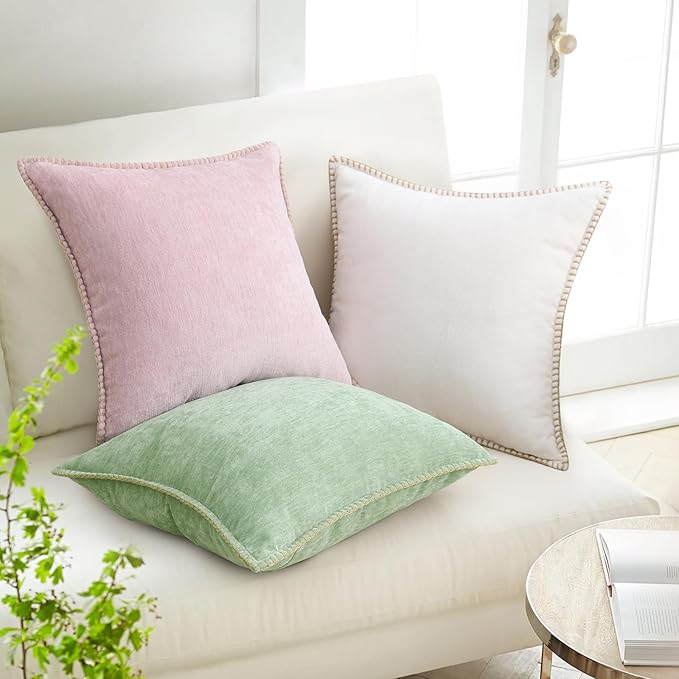 decorUhome Christmas Chenille Soft Throw Pillow Covers 20x20 Set of 2, Farmhouse Velvet Neutral Decorative Euro Pillow Covers with Stitched Edge for Couch Sofa Bed Home Decor, Sage Green