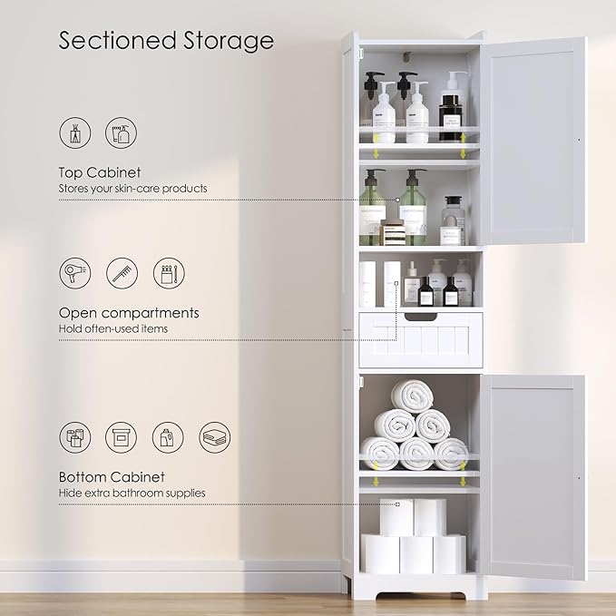 Tall Bathroom Storage Cabinet, 67" Narrow Storage Cabinet with Adjustable Shelves 2 Doors and 1 Drawers Modern Cabinet for Bathroom, Entryway, Living Room, Kitchen (White)
