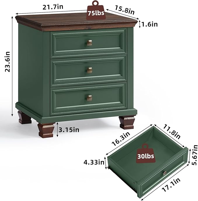 Farmhouse Nightstand Set of 2, Rustic Accent End Table with 3 Drawers & 4 Square Solid Wood Legs, Vintage Bed Side Table with Storage, Small Dresser for Bedroom, Living Room, Green