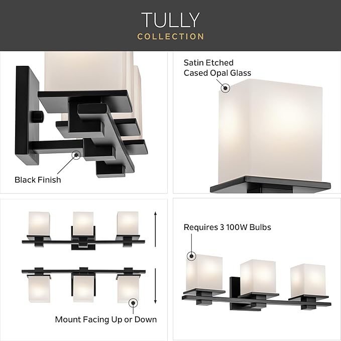 KICHLER Tully 32" 4-Light Vanity Light with Satin Etched Cased Opal Glass in Black for Over a Vanity, Soft Modern Style, (32" x 6.5" x 7"), 45152BK