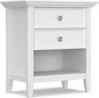 SIMPLIHOME Amherst Bedside Table - 24 inch Wide Solid Wood Nightstand Table in White, Transitional Bedroom Side or End Table with 2 Drawers, Open Storage Shelf and Bronze Hardware