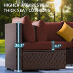 NICESOUL 9 Pcs Large Patio Furniture Set with Fire Pit Propane/Natural Gas, 29.3'' High Back Wicker Outdoor Sectional for 8 People, Modular Deep Sofa Conversation Sets, Brown Rattan and Red Cushion