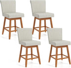 COSTWAY Swivel Bar Stools Set of 4, 27" Counter Height Bar Chairs with Rubber Wood Legs, Upholstered Linen Barstools with Back & Cushioned Seat, for Kitchen Island, Home, Beige