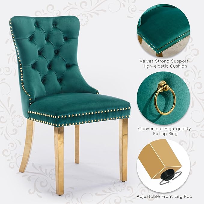 Velvet Upholstered Dining Chairs Set of 8, Modern Style Kitchen Side Chairs with Nailhead Trim and Gold Plated Leg, Metal Pulling Ring for Dining Room Living Room(Green)