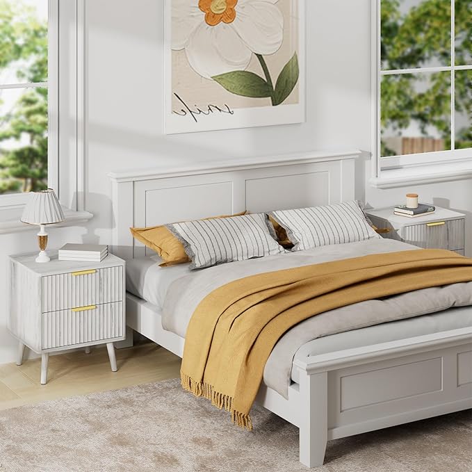 LYNSOM Fluted Dresser and Nightstand Sets 4 Piece, 2-Drawer Nightstands and 5/7 Drawers Dresser, Wood Bedroom Furniture Set for Home, Bedroom, Hallway, White