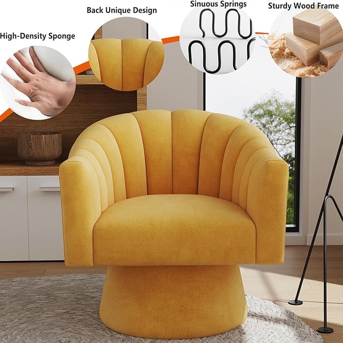 Swivel Accent Chair,Upholstered Velvet 360° Swivel Barrel Chair for Living Room Overstuffed Bouncle Reading Chair Round Armchair for Bedroom,Vanity,Office(Mustard)