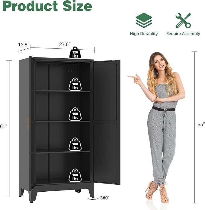Bathroom Storage Cabinet Freestanding, 61" Tall Metal Cabinets with Doors and Shelves, Black Kitchen Pantry Cabinet, Utility Metal Locker Storage Cabinet for Garage, Home Office