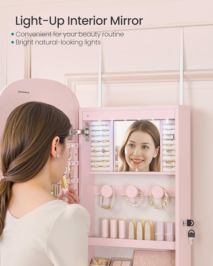 SONGMICS Jewelry Organizer, LED Jewelry Cabinet Wall/Door Mounted, Lockable Rounded Wide Mirror with Storage, Christmas Gift 3.9 x 16.5 x 42.5 Inches, Jelly Pink Surface with Cream White Lining
