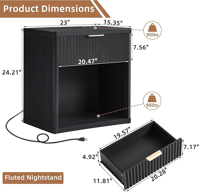 LEYAOYAO Fluted Nightstand with Charging Station, 23" Wide 1 Drawers End Table,Black Night Stand with Open Storage Cabinet, Farmhouse Bed Side Tables, Wood Dresser for Bedroom, Living Room, Closet