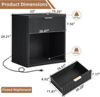 LEYAOYAO Fluted Nightstand with Charging Station, 23" Wide 1 Drawers End Table,Black Night Stand with Open Storage Cabinet, Farmhouse Bed Side Tables, Wood Dresser for Bedroom, Living Room, Closet