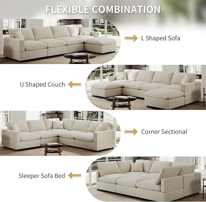 Modern Sectional Linen Cloud Couch for Living Room Loveseat Modular Filled-Down Sofas, Detachable Couch Cushion Covers,Cozy Feather Down Sofa for Apartment Beige