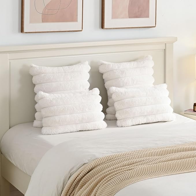 FUTEI Cream White Decorative Throw Pillow Covers 16x16 Inch Set of 2, Square Soft Faux Rabbit Fur Thick Striped Cushion Cover,Winter Home Decor for Couch Bed Living Room