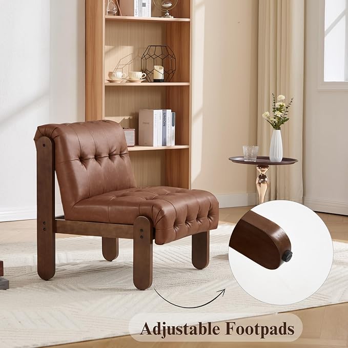 HEAH-YO Accent Chair Set of 2,Modern Vintage Living Room Chair for Bedroom with Button Tufted Back and Wood Legs,Upholstered Comfy Reading Chair for Makeup Vanity Cafe,PU Brown