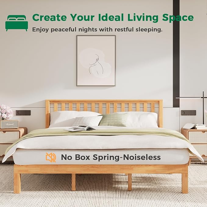 DELAVIN King Size Bed Frame with Farmhouse Headboard, Solid Wood Platform Bed with Storage, Malaysian Oak King Bedframe, Wood Slats Support, No Box Spring Needed, Rustic Pine