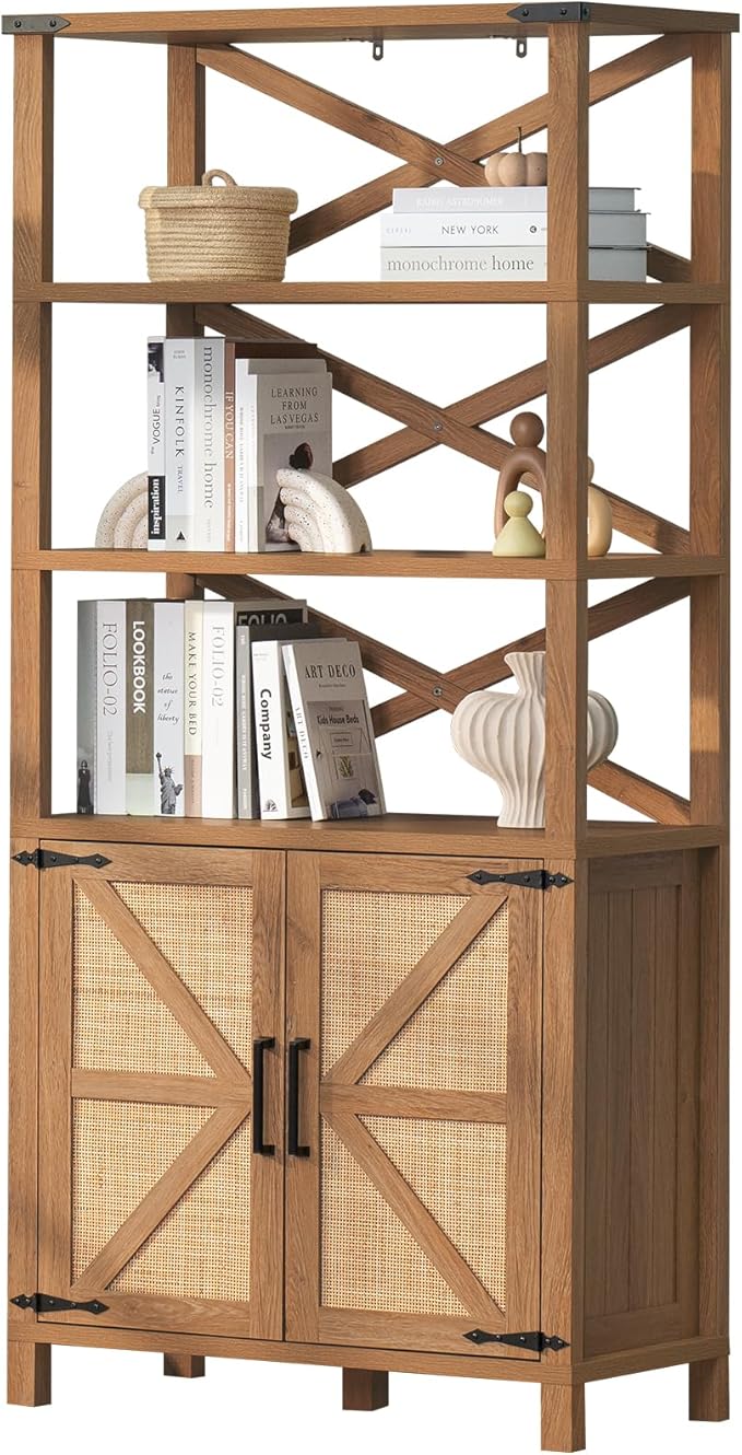 5 Tier Bookshelf 70" Rattan Boho Tall Bookcase with Barn Doors,Large Farmhouse Display Book Shelf with Adjustable Shelves and Storage Cabinet，Wood Bookshelves for Living Room,Kitchen,Natural